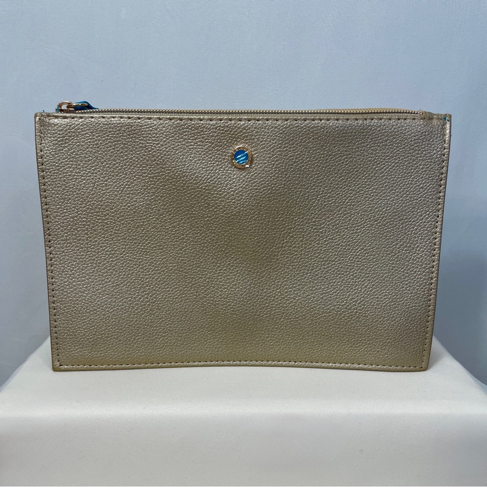 Bvlgari Parfum Gold Metallic Zip Pouch Clutch With Blue Logo Interior